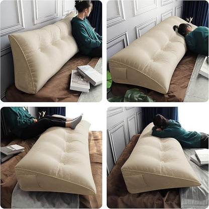 WOWMAX Triangular Headboard Pillow Bed Wedge Pillow for Headboard Full Size Wedge Pillow Headboard for Daybed Bunk Bed Cream Bolster Pillow for Bed, Jacquard Satin fabric 100% Pure Cotton, Light Beige