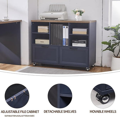 60" L-Shaped Executive Desk with 40" File Cabinet,Farmhouse Home Office Desk with Charging Station,Wood Computer Desk Set for Office Work,Home Study (Blue)