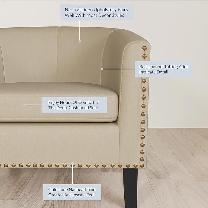 BELLEZE Accent Barrel Chair Set of 2, Modern Tub Club Chair Upholstered Armchair with Gold Nail Head Trim and Black Legs for Living Room Bedroom Apartment Lounge - Beige/Linen