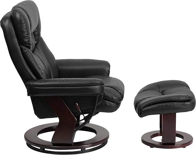 Flash Furniture Allie LeatherSoft Upholstered Recliner with Footrest, Arms, and Headrest, Padded Swivel Recliner Chair and Ottoman Set, Black