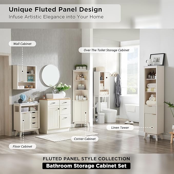 RedLemon 68" Tall Corner Cabinet, Modern Fluted Storage Cabinet with Faux Marble Top & Adjustable Shelves, Curved Profile Design, Space Saver for Bathroom, Living Room, Kitchen, Off White