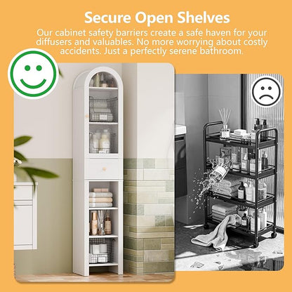 70" Tall Bathroom Storage Cabinet with Acrylic Door，Narrow Storage Cabinet with Drawer Adjustable Shelves, Modern Arched Design Bathroom Cabinet for Bathroom, Living Room, Kitchen, White