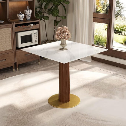 Sintered Stone Square Office Table - Meeting Desk for Small Offices (Dark Brown Leg and White Top, 1 Table Only)