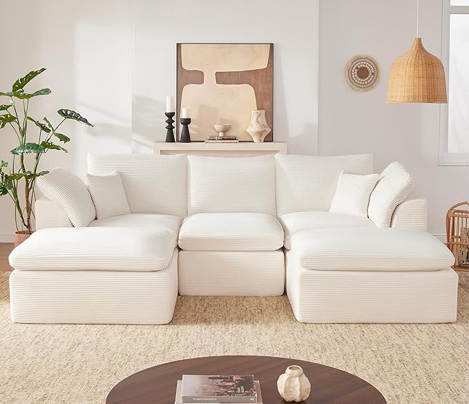 112" Cloud Sectional Couch, BonelessCouches for Living Room, U Shaped Couch with Convertible Ottoman, Modular Sectional Sofa with Deep Seat, Comfy Soft Cushions, No Assembly, Beige
