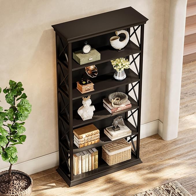 Tribesigns 71-Inch Tall Bookcase, 5-Tier Industrial Metal Bookshelf, Large Etagere Bookcases and Bookshelves, Freestanding Display Shelves for Living Room, Bedroom, Black (Set of 2)