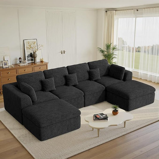 144" Cloud Sectional Couches for Living Room, Convertible U-Shape Couch with Ottoman, 6 Seater Modular Sectional Sofa,Black Chenille