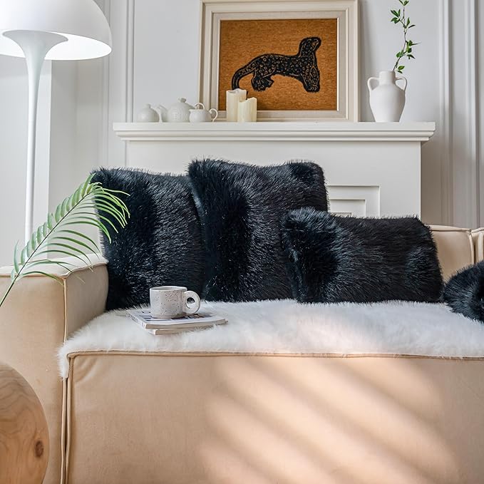 Neelvin Black Faux Fur Cozy Fluffy Double-Sided Decorative Throw Pillow Covers 22x22 inch Set of 2,Velvet Pillowcase Cushion Case for Sofa Couch