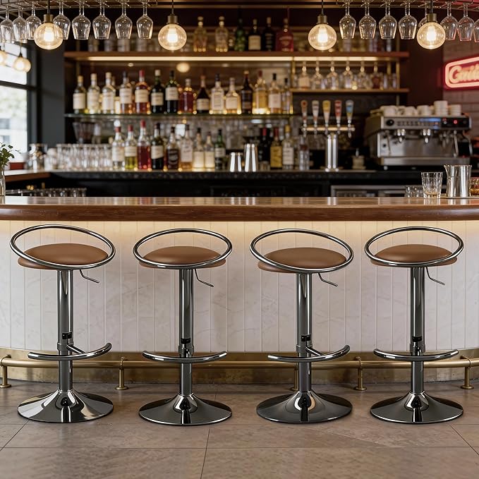 Bar Stools Set of 2, Adjustable Swivel Counter Height Barstools with Upholstered Seat, PU Leather Counter Stools for Bar, Kitchen Island, Dining Room, Gloss Black