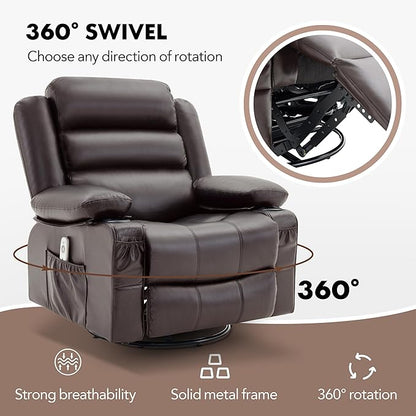 Oversized Recliner Chairs for Adults, 360° Swivel Rocking Recliner with Heat and Massage Lazy Boy Recliner,Recliner Chairs Single Sofa Seat with Cup Holders (Darkbrown, Regular)