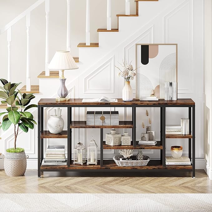 Tribesigns Console Sofa Table, 70.9 inch Extra Long Table Behind Couch with Storage Shelves, 3-Tier Industrial Narrow Entryway Hallway Accent Table for Living Room, Rustic Brown