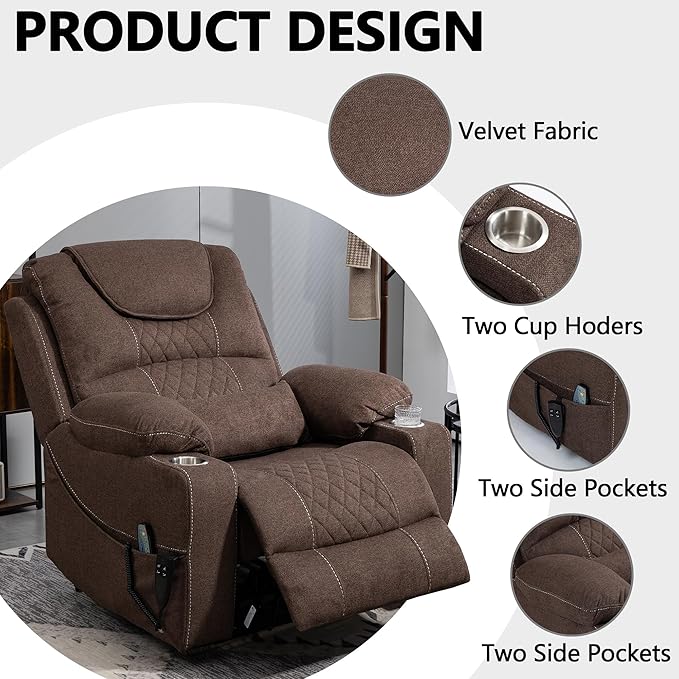 Large Power Lift Recliner Chair Sofa with Massage and Heat for Big and Tall Elderly,Infinite Positions,Dual Motor,Cup Holders,Extended Footrest,Velvet Home Theater Seat