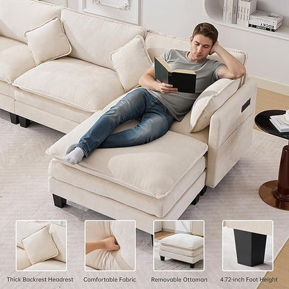 108" Modular Sectional Couches for Living Room with Ottoman, L Shaped Cloud Couch with Charger, USB & Type-c Port, Comfy 4 Seats Sofas with Deep Seat, Chenille Fabric, Beige