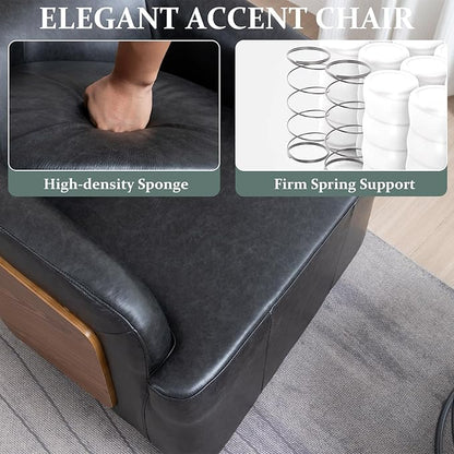 Genuine Leather Swivel Accent Chair Swivel Barrel Chair Comfortable Mid Century Modern Chair Upholstered Metal Base Armchair for Living Room Bedroom Office Large Vintage Black