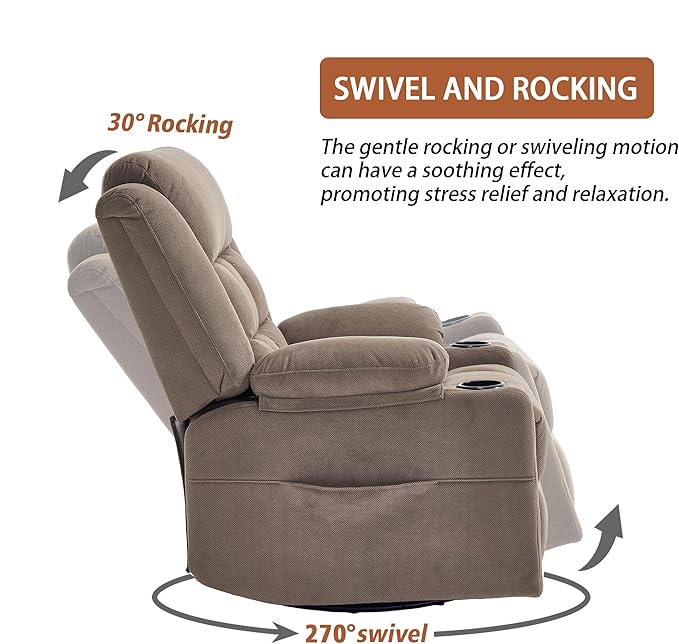 Swivel Rocker Recliner Chair for Adults with Massage and Heat, Cup Holders and Side Pockets, Glider Rocking Reclining Single Sofa Chair for Living Room (Coffee)