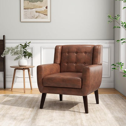 Accent Chair, Mid-Century Modern PU Leather Chairs with Arms for Living Room, Comfy Upholstered Club Single Sofa Armchair for Bedroom Waiting Room with Solid Wood Frame（Leather Coffee, Set of 2)
