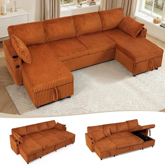 110" Corduroy Pull Out Sofa Bed w/Adjustable Backrests, Sectional U-Shape Sleeper Sofa w/Storage Chaise, Convertible Couch Bed w/USB Charging Port & Cup Holders for Living Room, House, Orange