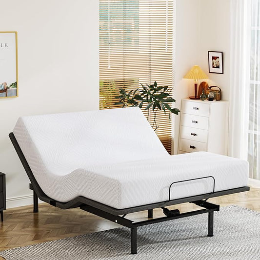 Full Adjustable Bed Base Frame with Wireless Remote + 12 Inch Full Green Tea Gel Memory Foam Mattress Bed in a Box, Head and Foot Incline, Zero Gravity, Fiberglass Free, 75" × 54"