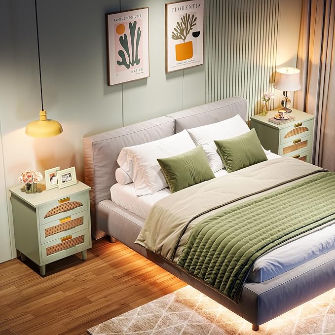 Tribesigns Mint Green Nightstand, 3-Drawer Rattan Night Stand Side Table, Accent Bedside Tables End Table for Bedroom and Small Spaces, Easy Assembly (2, Green)