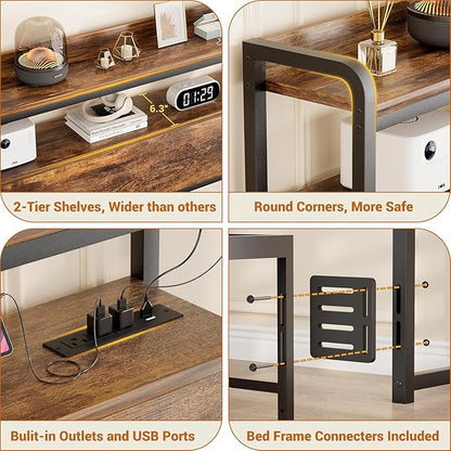 Aheaplus Headboard for Full Size Bed Frame, Headboards with Outlets, USB Ports and LED Light, Head Board with Storage, Height Adjustable, Sturdy and Stable Headboard, Full Size, Rustic Brown