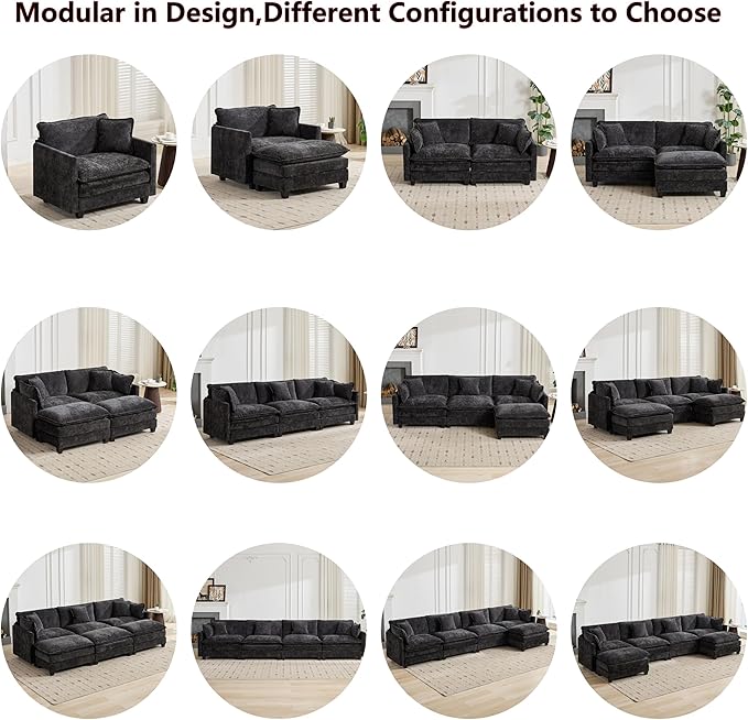 Aoowow Chenille Upholstered Accent Chair Oversized,Fluffy Single Cloud Sofa Chairs with Deep Seat,Modern Large Reading Arm Chair with Throw Pillow for Living Room,Bedroom (Black, Single Sofa Chair)