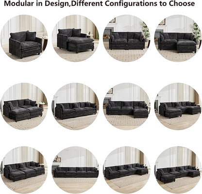Aoowow Chenille Upholstered Accent Chair Oversized,Fluffy Single Cloud Sofa Chairs with Deep Seat,Modern Large Reading Arm Chair with Throw Pillow for Living Room,Bedroom (Black, Single Sofa Chair)