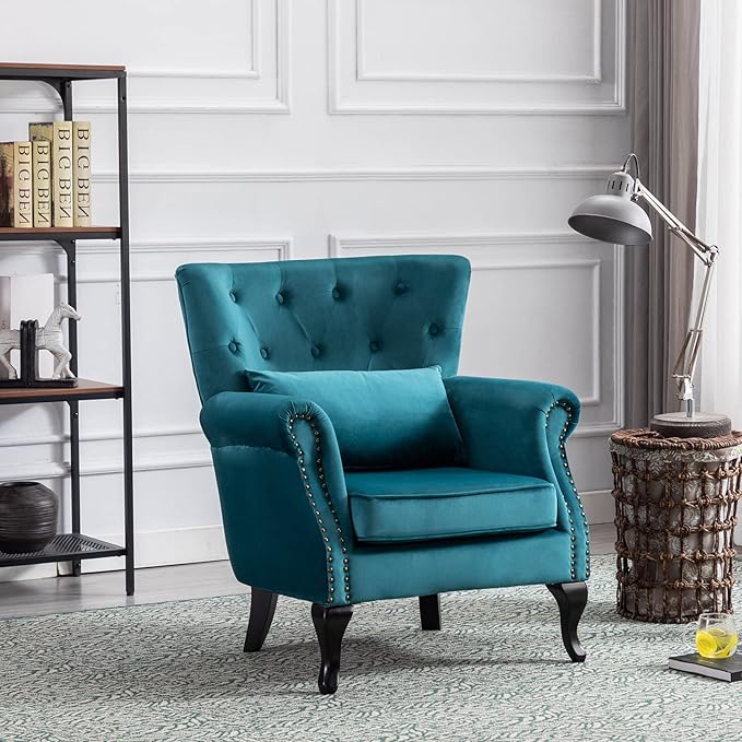 Accent Reading Arm Chairs for Living Room Bedroom, Midcentury Modern Comfy Corner Sofa Chair, Wingback Waiting Room Club Chair with Button Tufted Back &Lumbar Pillow, Velvet Teal