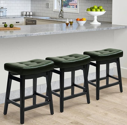 Counter Height Bar Stools Set of 3 for Kitchen Counter Farmhouse Modern Barstools with Faux Leather Upholstered Backless Seat and Solid Wood Legs 24 inch Bar Chairs, Green + Black