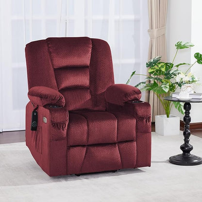 MCombo Small Power Lift Recliner Chair with Massage and Heat for Petite People, Cup Holders, USB Ports, Side Pockets, Fabric 7569 (Small-Regular, Burgundy)