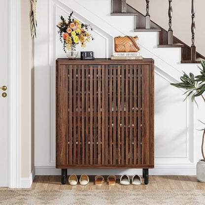 Tribesigns 6-Tier Shoe Cabinet with Shutter Doors, Large Wooden Shoe Organizer Rack with Adjustable Shelves, Modern Farmhouse Hidden Storage Furniture for Entryway, Hallway (Walnut)