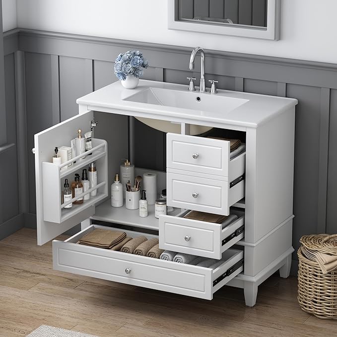 36 Inch Bathroom Vanity with Sink Set, Undermount Vanity Sink Cabinet with 3 Drawers and Door Storage, Soft Closing Door, Wood Frame, White