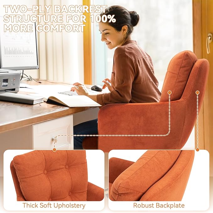 Velvet Office Chair, Comfy Home Office Desk Chairs with Lumbar Support, Modern Velvet Desk Chair Gold Legs Small Swivel Task Chair for Home Office, Bedroom, Study (Orange, L)
