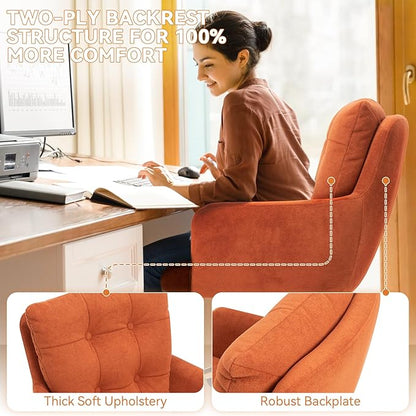 Velvet Office Chair, Comfy Home Office Desk Chairs with Lumbar Support, Modern Velvet Desk Chair Gold Legs Small Swivel Task Chair for Home Office, Bedroom, Study (Orange, L)