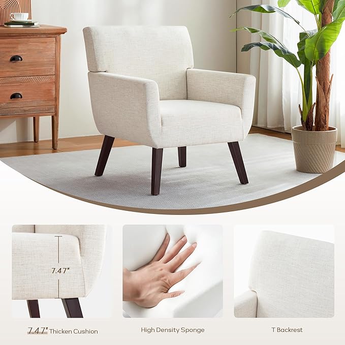 Upholstered Accent Chair,Mid Century Modern Linen Fabric Small Living Room Chair with Arm,Comfy Wingback Armchair for Bedroom Reading Beige