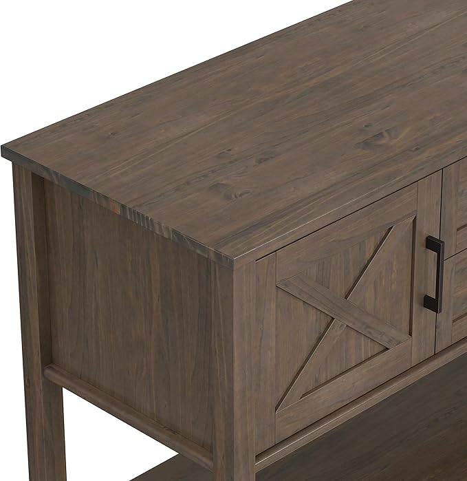 SIMPLIHOME Ela Console Table - 48 Inch Wide Solid Wood Sofa Table in Smoky Brown, Transitional Storage for Entryway or Living Room with 2 Drawers, 2 Cabinets, Open Shelf, and X-Panel Doors