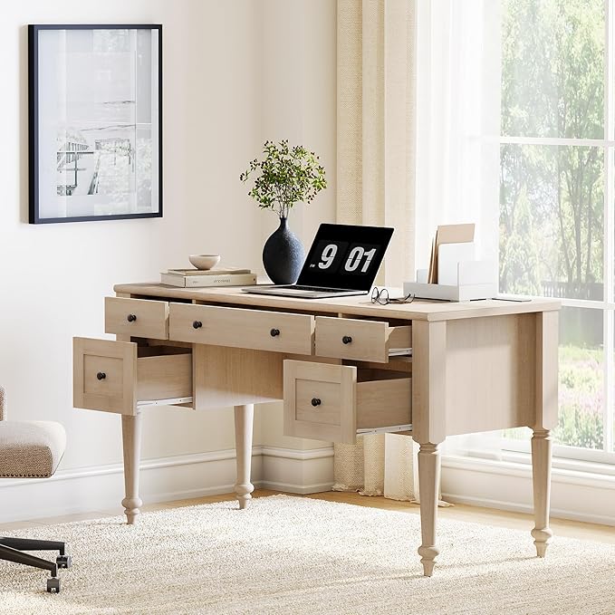 WAMAPT Farmhouse Executive Desk with 5 Drawers, Home Office Desk with Charging Station, Wood Computer Desk with File Cabinet Storage, Door, Open Shelf for Work and Study, Light Oak, 55 inch