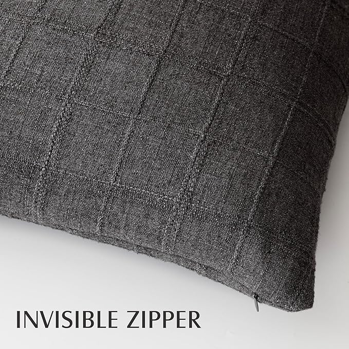 Foindtower Set of 2 Decorative Linen Check Throw Pillow Covers Neutral Farmhouse Vintage Cushion Covers Modern Boho Home Decor for Sofa Chair Couch Bedroom Living Room,16×16 Inch,Charcoal