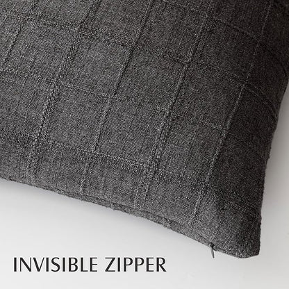Foindtower Set of 2 Decorative Linen Check Throw Pillow Covers Neutral Farmhouse Vintage Cushion Covers Modern Boho Home Decor for Sofa Chair Couch Bedroom Living Room,16×16 Inch,Charcoal