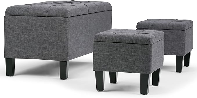 SIMPLIHOME Dover 44 inch Wide Contemporary Rectangle 3 Pc Storage Ottoman in Slate Grey Linen Look Fabric, Assembled, For the Living Room, Entryway and Family Room