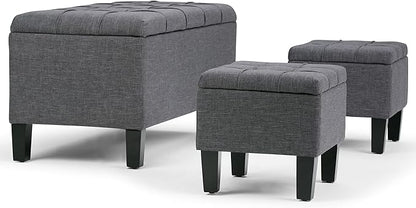 SIMPLIHOME Dover 44 inch Wide Contemporary Rectangle 3 Pc Storage Ottoman in Slate Grey Linen Look Fabric, Assembled, For the Living Room, Entryway and Family Room