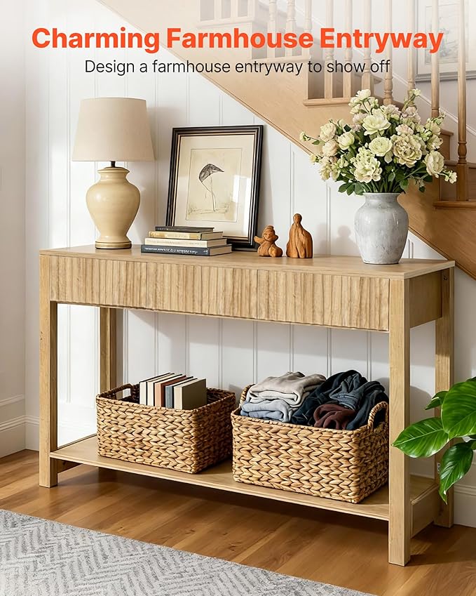 VEVOR 47 in Console Table, Farmhouse Desk Behind The Couch with Drawers and Bottom Storage Shelf, Wooden Rectangle Entrance Narrow Sofa Table for Hallway, Bedroom, Living Room, Foyer, Burlywood