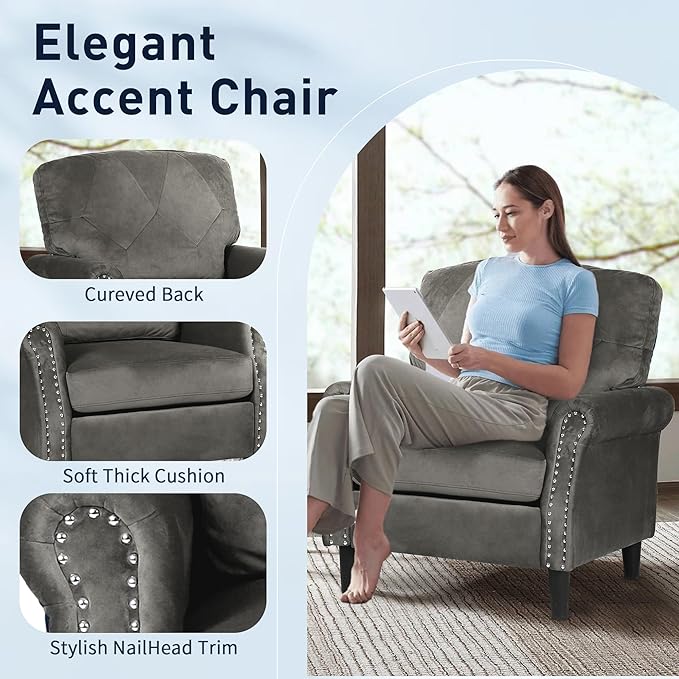 Accent Chair for Living Room, Mid-Century Modern Upholstered Armchair, Comfy Velvet Chair w/Wood Legs & Nailhead Trim, Wingback Chair for Bedroom, Grey