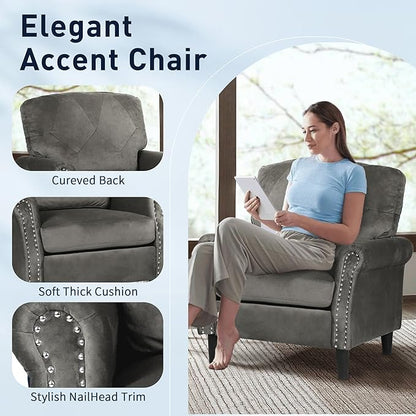 Accent Chair for Living Room, Mid-Century Modern Upholstered Armchair, Comfy Velvet Chair w/Wood Legs & Nailhead Trim, Wingback Chair for Bedroom, Grey