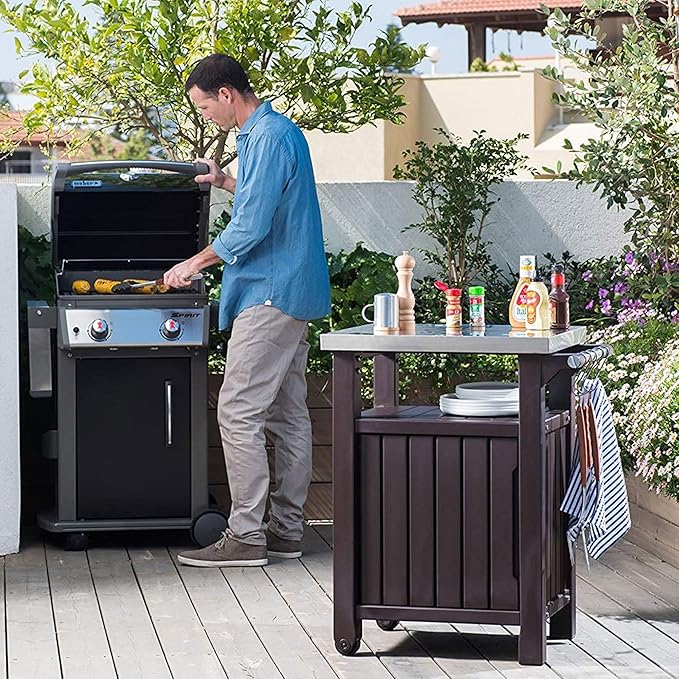 Keter Unity Portable 40 Gal Outdoor Table and Storage Cabinet w/Accessory Hooks, Stainless Steel Top for Patio Kitchen Island or Bar Cart, Dark Brown