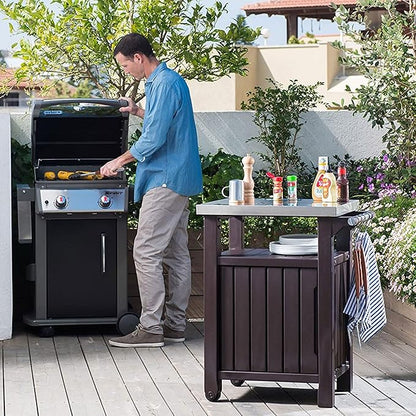 Keter Unity Portable 40 Gal Outdoor Table and Storage Cabinet w/Accessory Hooks, Stainless Steel Top for Patio Kitchen Island or Bar Cart, Dark Brown