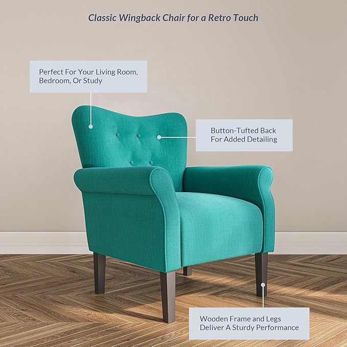 BELLEZE Modern Accent Chair, High Back Armchair, Upholstered Wingback Side Chair, Padded Single Sofa with Wooden Legs for Living Room, Bedroom - Mallard Teal