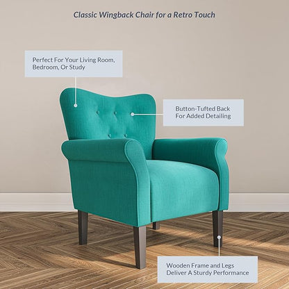 BELLEZE Modern Accent Chair, High Back Armchair, Upholstered Wingback Side Chair, Padded Single Sofa with Wooden Legs for Living Room, Bedroom - Mallard Teal