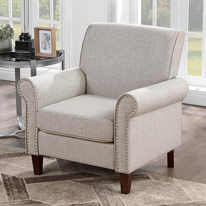 Prilinex Upholstered Living Room Chair Set of 4 - Large Comfy Fabric Accent Chair Single Sofa with Cushion, Rolled Armrest & Nailhead Trim, Mid Century Farmhouse Armchair for Bedroom, Office, Beige