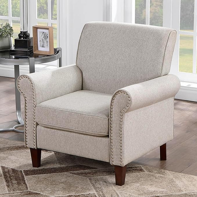 Prilinex Upholstered Living Room Chair Set of 2 - Large Comfy Fabric Accent Chair Single Sofa with Cushion, Rolled Armrest & Nailhead Trim, Mid Century Farmhouse Armchair for Bedroom, Office, Beige