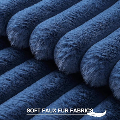 Pallene Faux Fur Plush Throw Pillow Covers 24x24 Set of 2, Luxury Soft Fluffy Striped Decorative Pillow Covers for Sofa, Couch, Living Room, Navy Blue