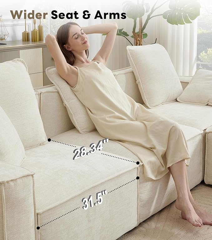 WILLOVE 141'' Modular Sectional Sofa, Chenille Cloud Couch with Wide Armrests & 6 Pillows, Deep Seat Couches for Living Room, Beige